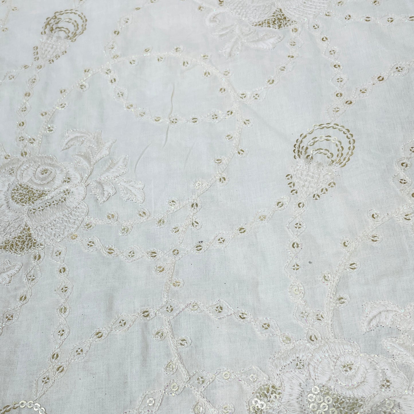 Off White Floral Sequence Embroidery Dyeable Cotton Fabric - TradeUNO