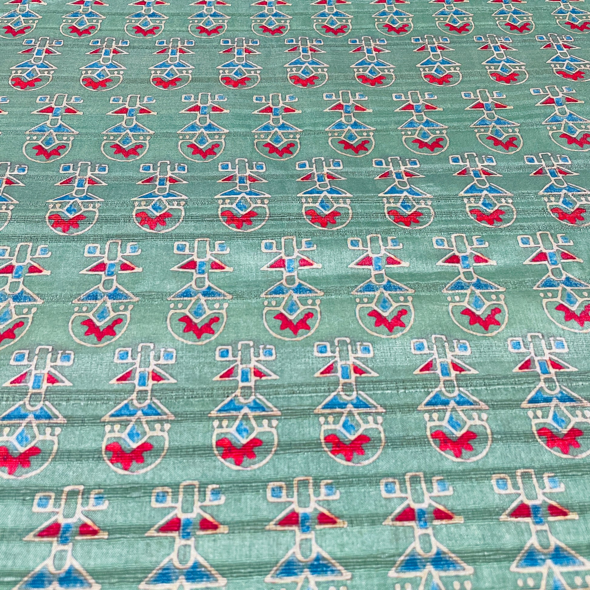 Green & Multicolor Traditional Print Tusser Silk Fabric - TradeUNO
