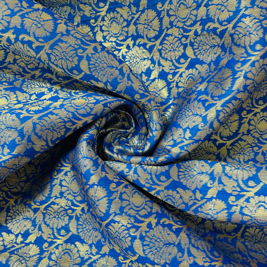 Blue Floral With Gold Foil Brocade  Fabric