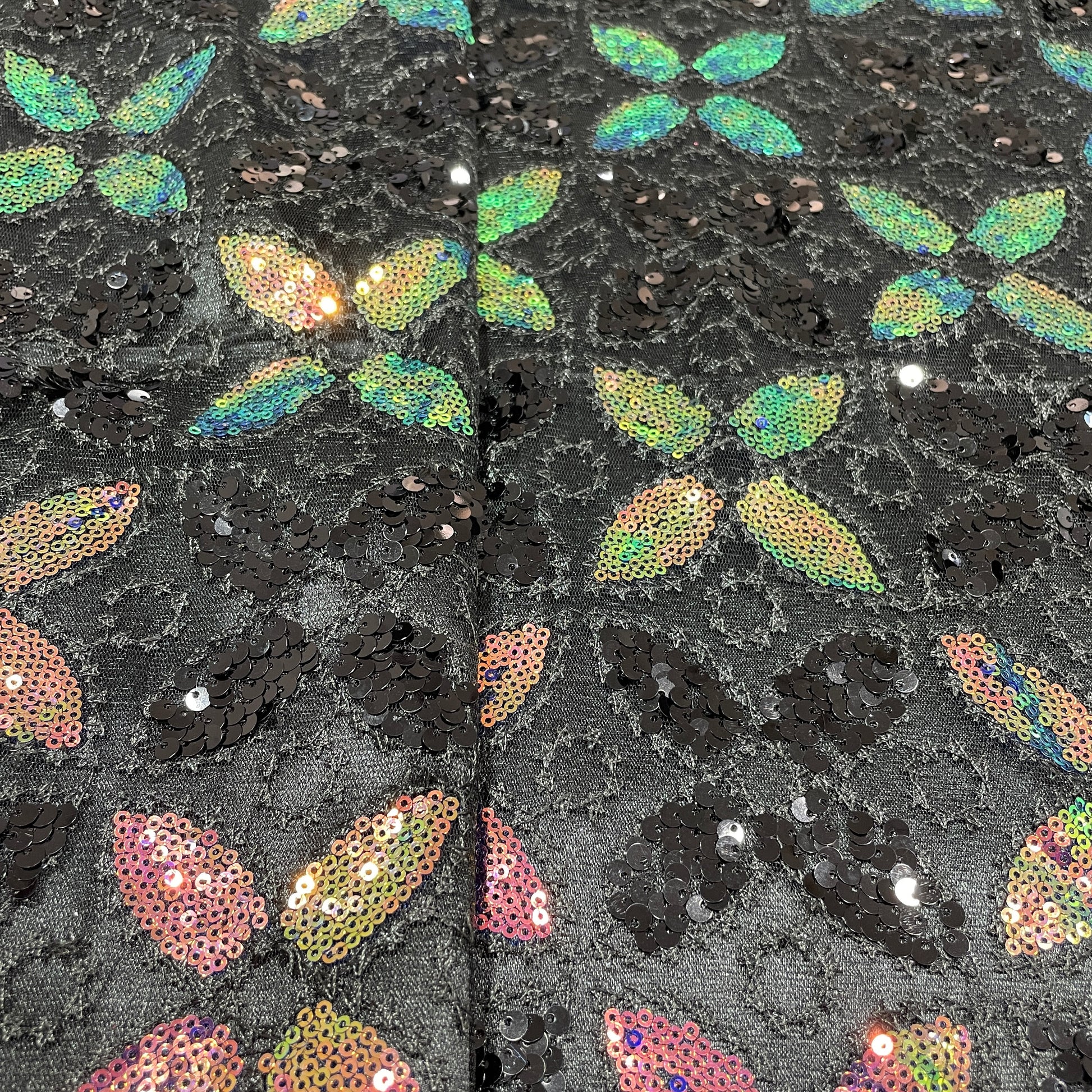 Black with Multicolor Floral Embroidery Sequence Net Lycra Fabric - TradeUNO