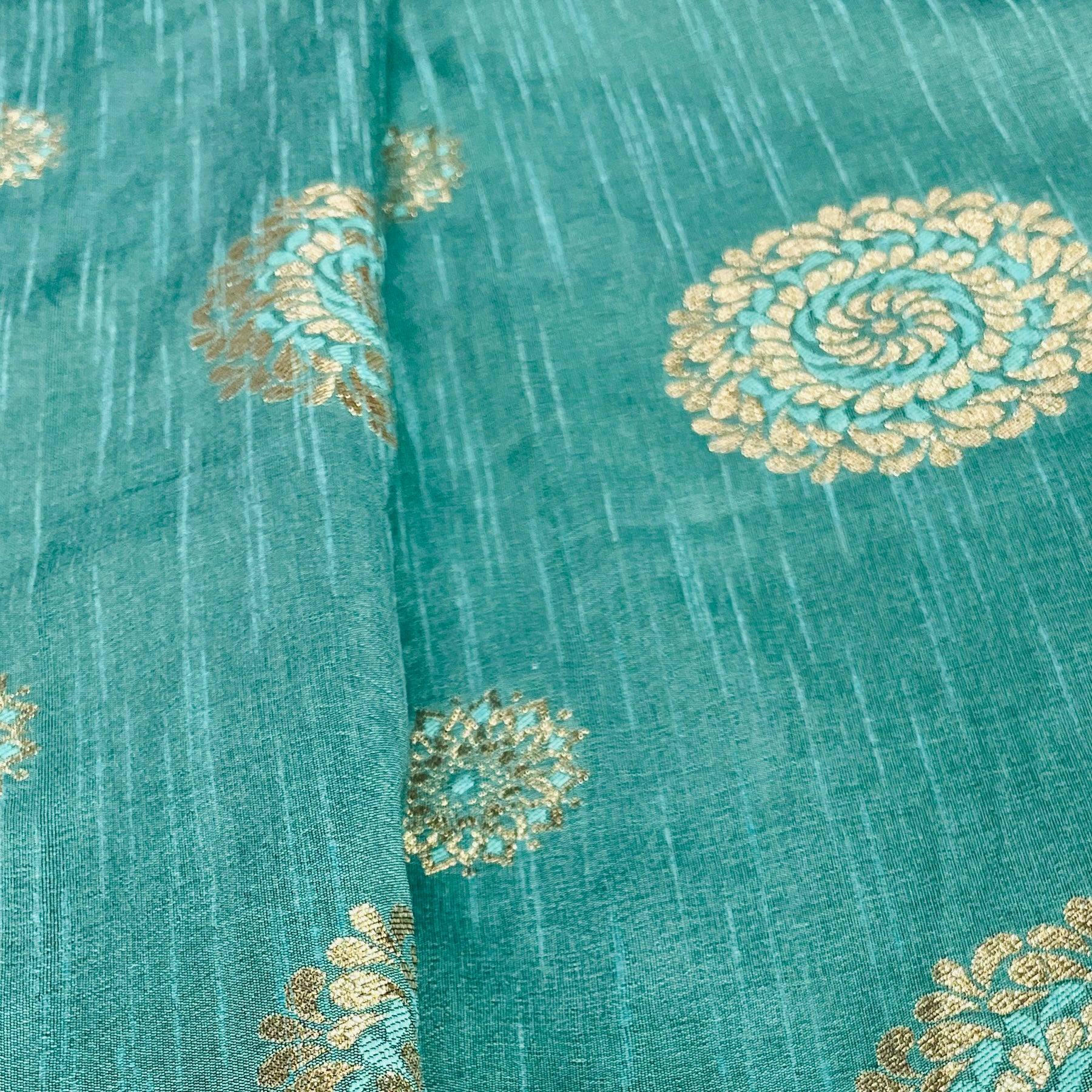 Dark Green Floral With Gold Foil Dupion Silk Fabric - TradeUNO