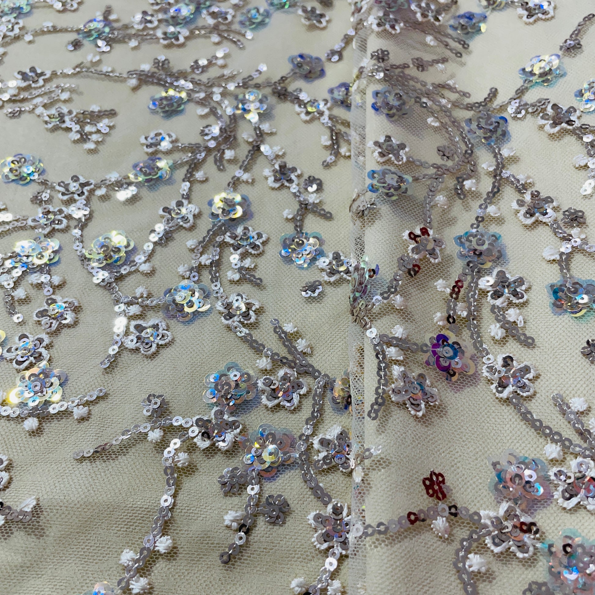 Beige Floral Sequence Embroidery Net Fabric - TradeUNO