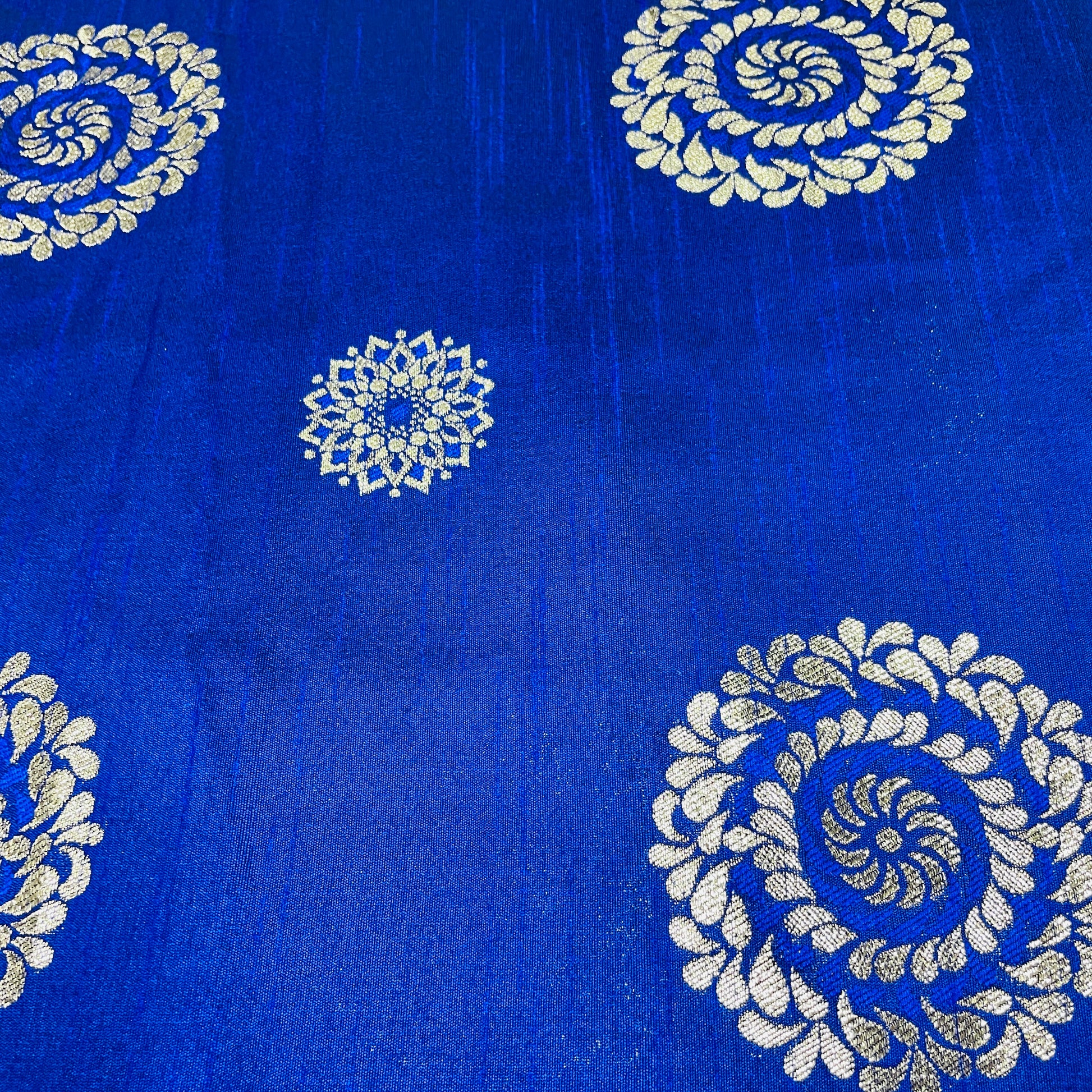 Royal Blue Floral With Gold Foil Dupion Silk Fabric - TradeUNO