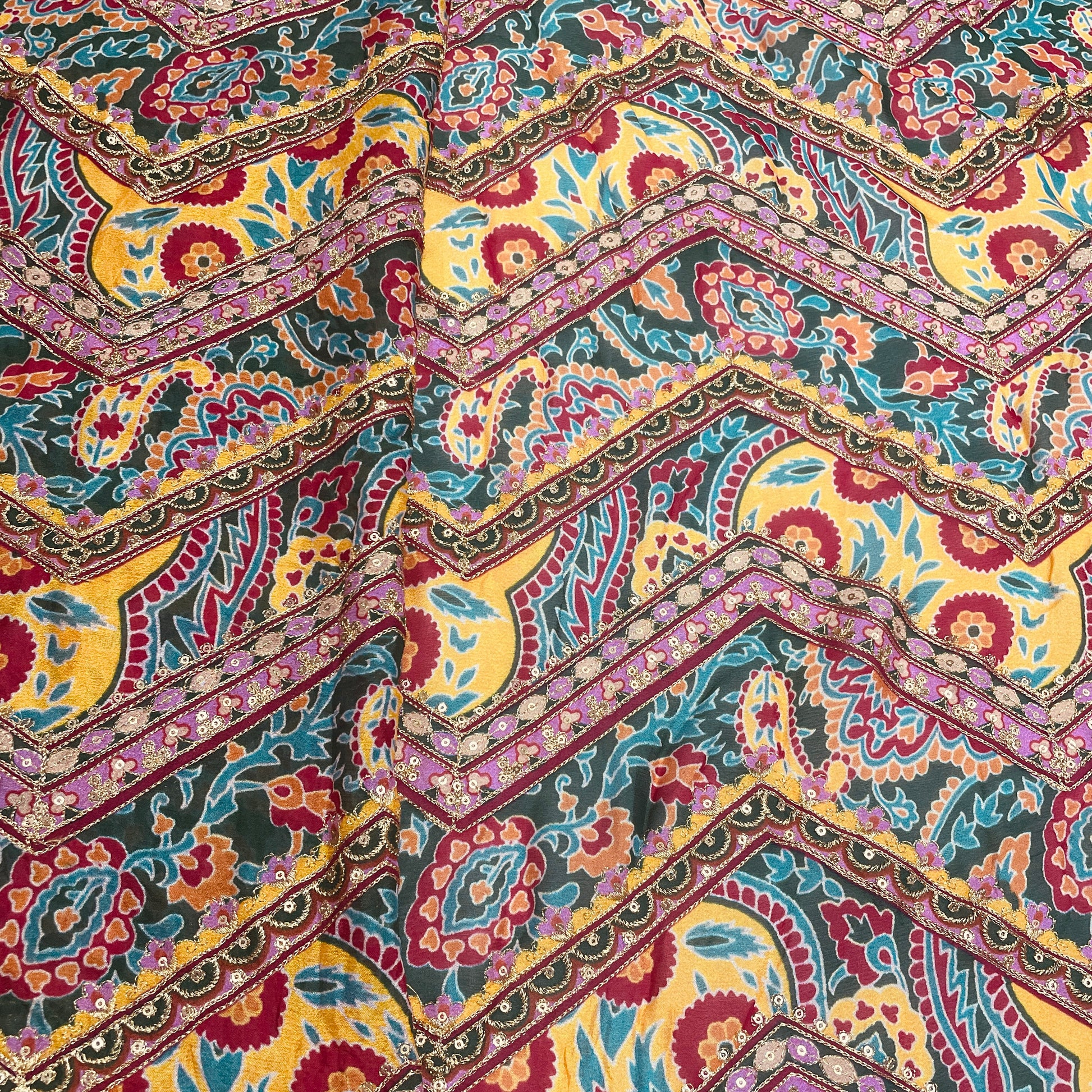 Pink & Multicolor Traditional Sequence Embroidery Chinnon Fabric - TradeUNO