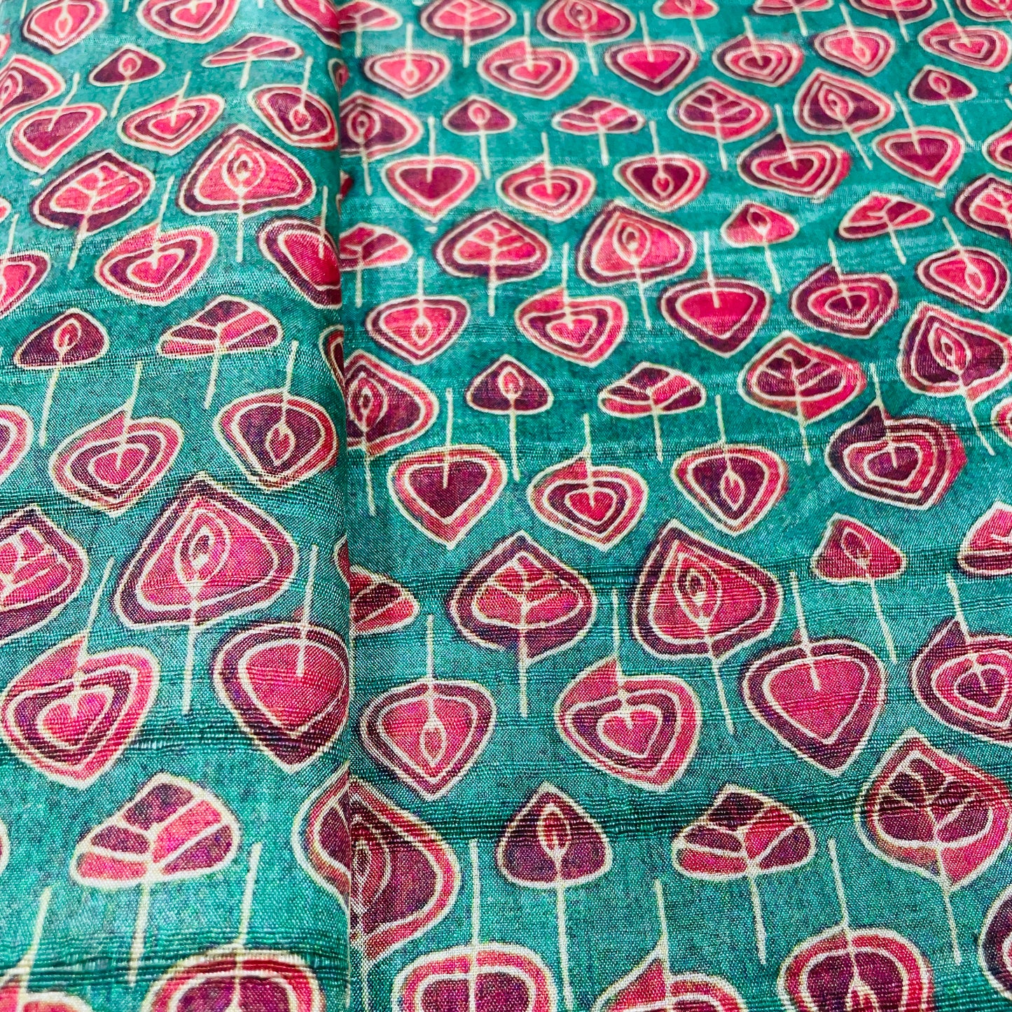 Green & Red Floral Print Tusser Silk Fabric