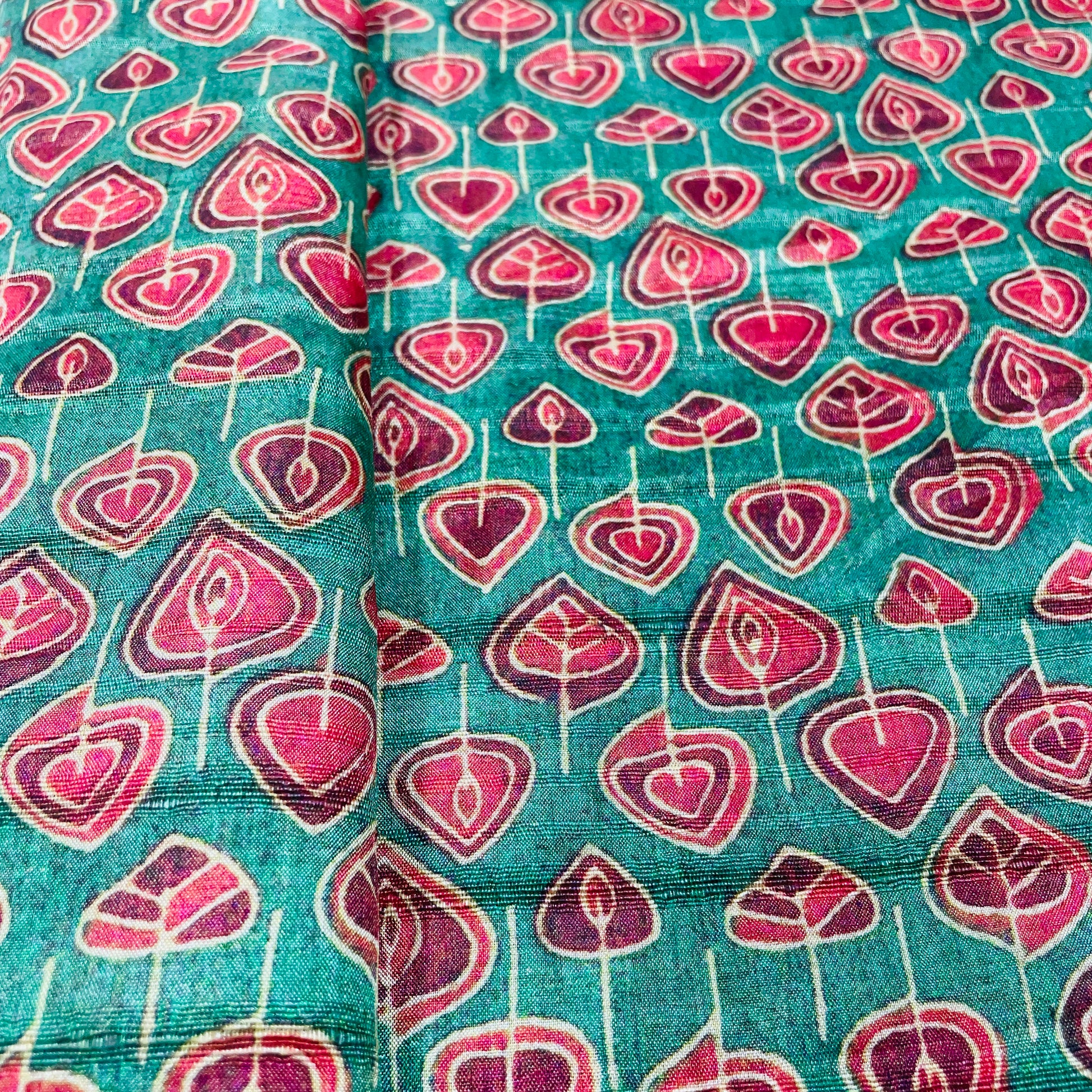 Green Red Floral Print Tusser Silk Fabric - TradeUNO