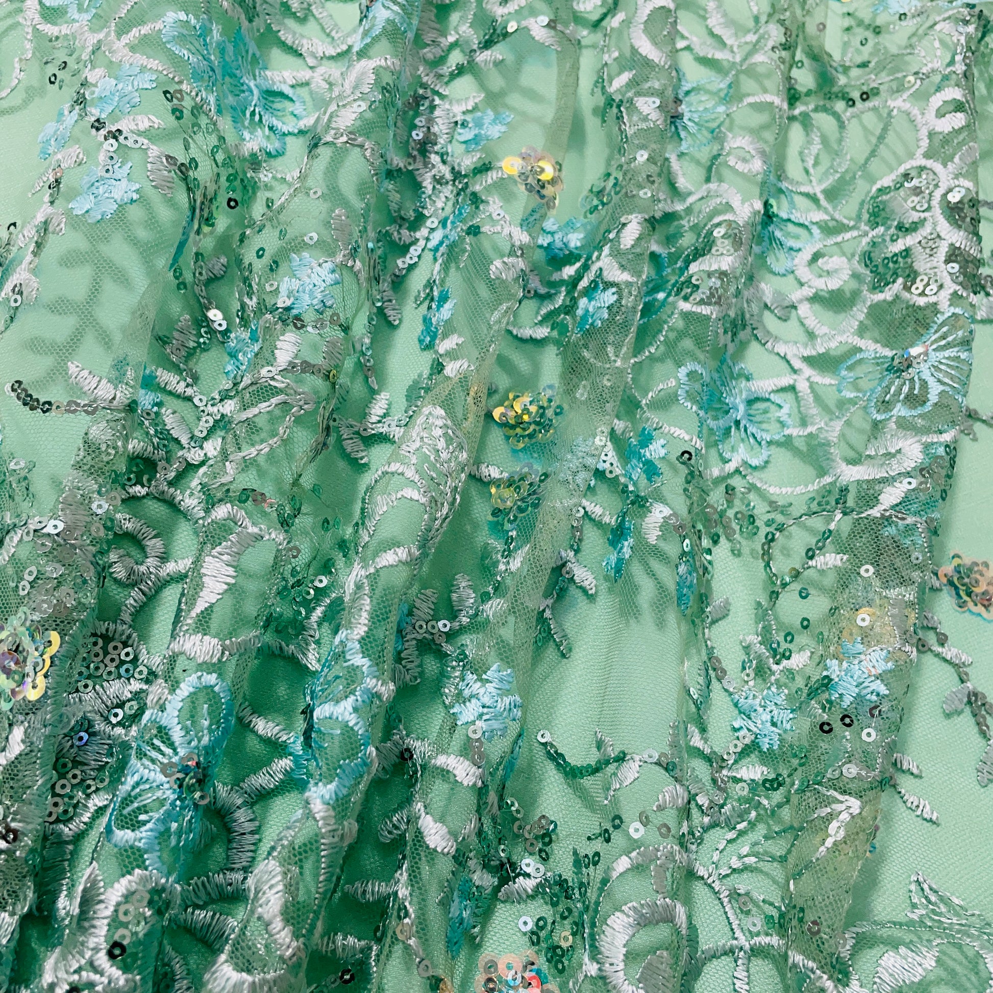 Green With Sea Green Floral Sequence Embroidery Net Fabric - TradeUNO