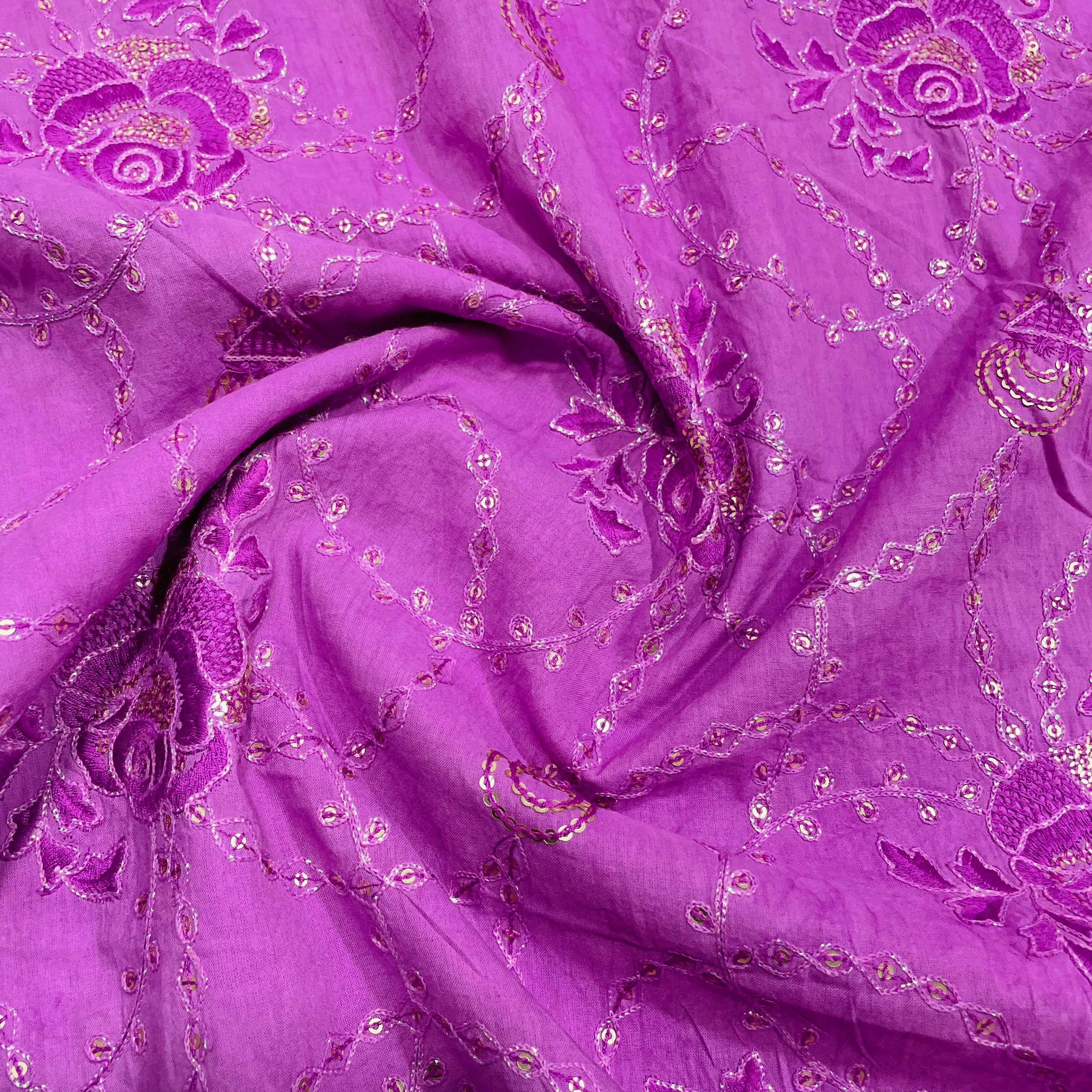 Purple Floral Sequence Embroidery Cotton Fabric - TradeUNO