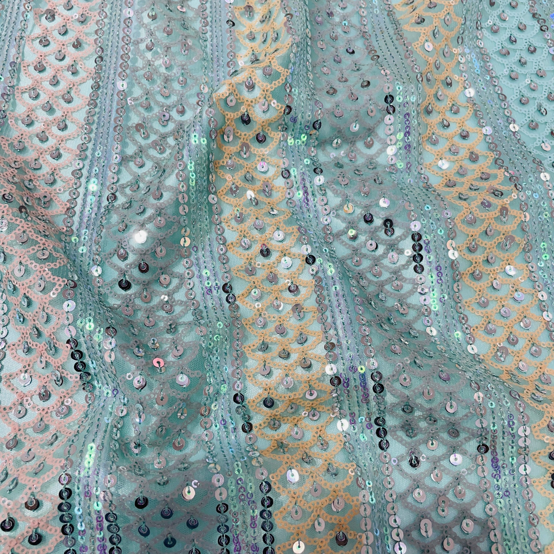 Green With Mullticolor Sequence Embroidery Net Fabric - TradeUNO