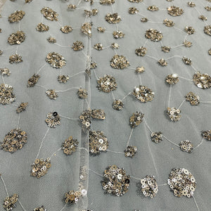 Grey Floral Sequence Embroidery Net Imported Fabric - TradeUNO