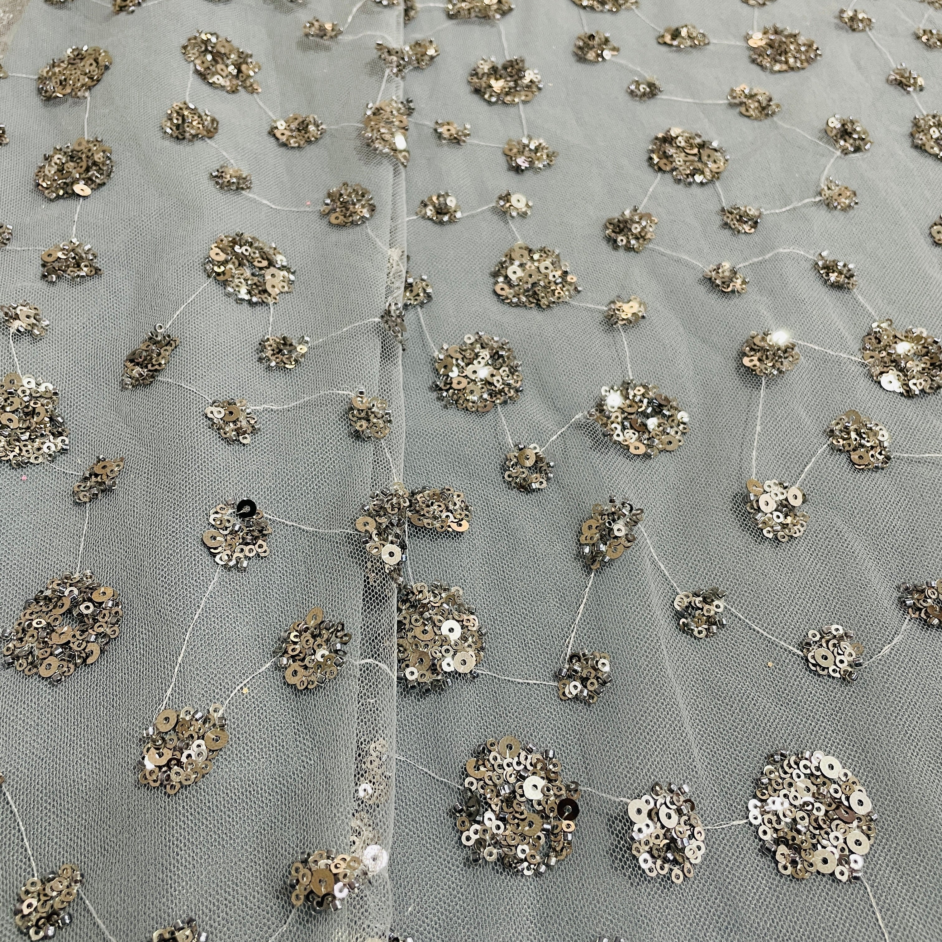 Grey Floral Sequence Embroidery Net Imported Fabric - TradeUNO
