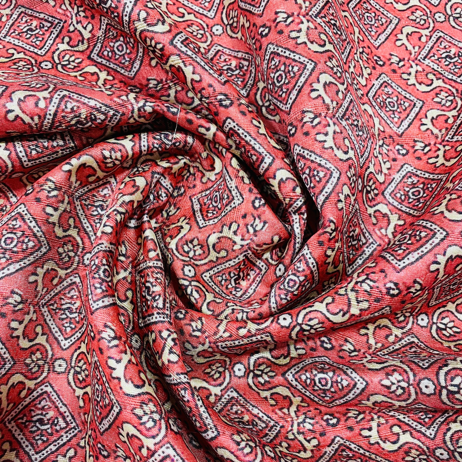 Pink Traditional Print Tusser Silk Fabric - TradeUNO