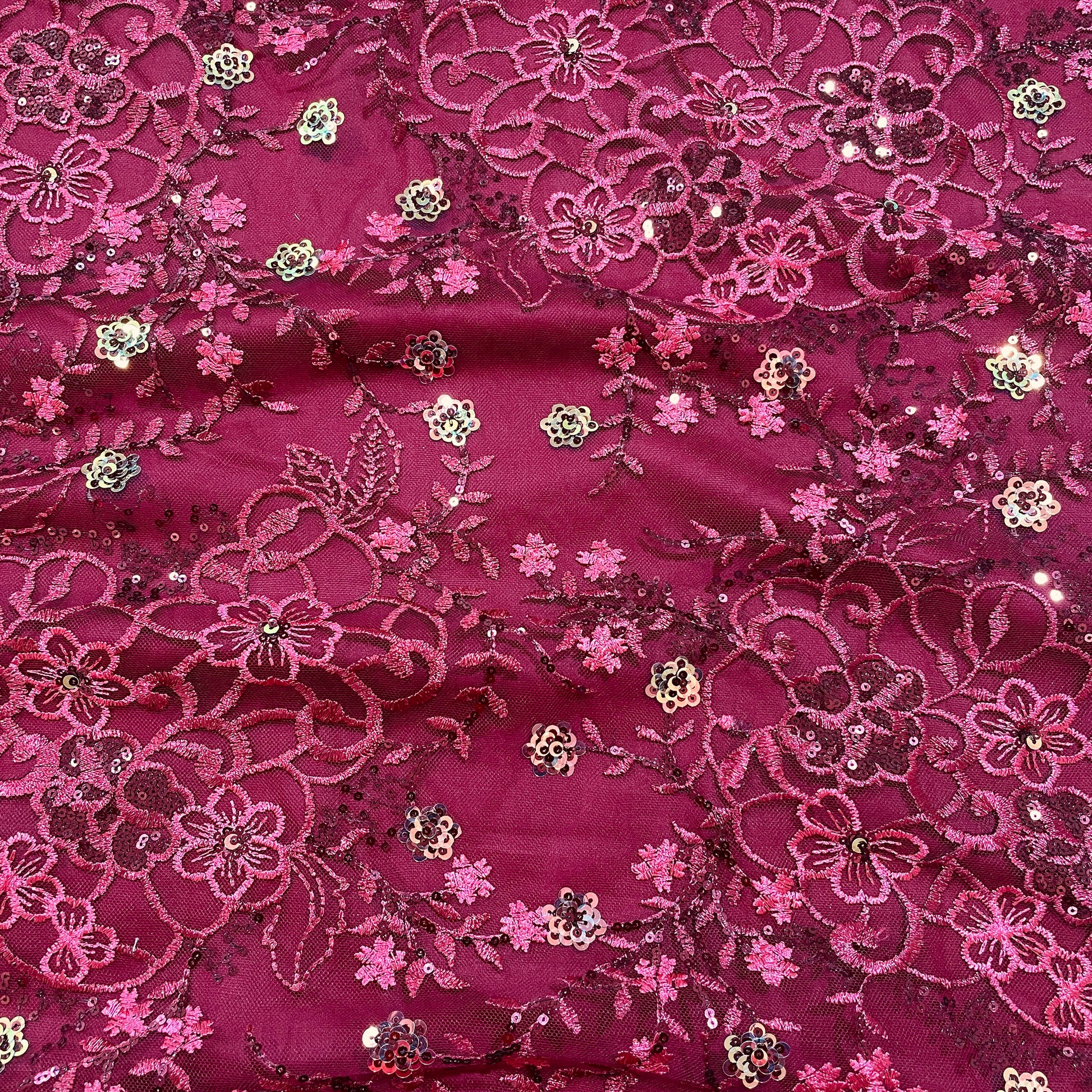 Maroon Floral Sequence Embroidery Net Fabric - TradeUNO
