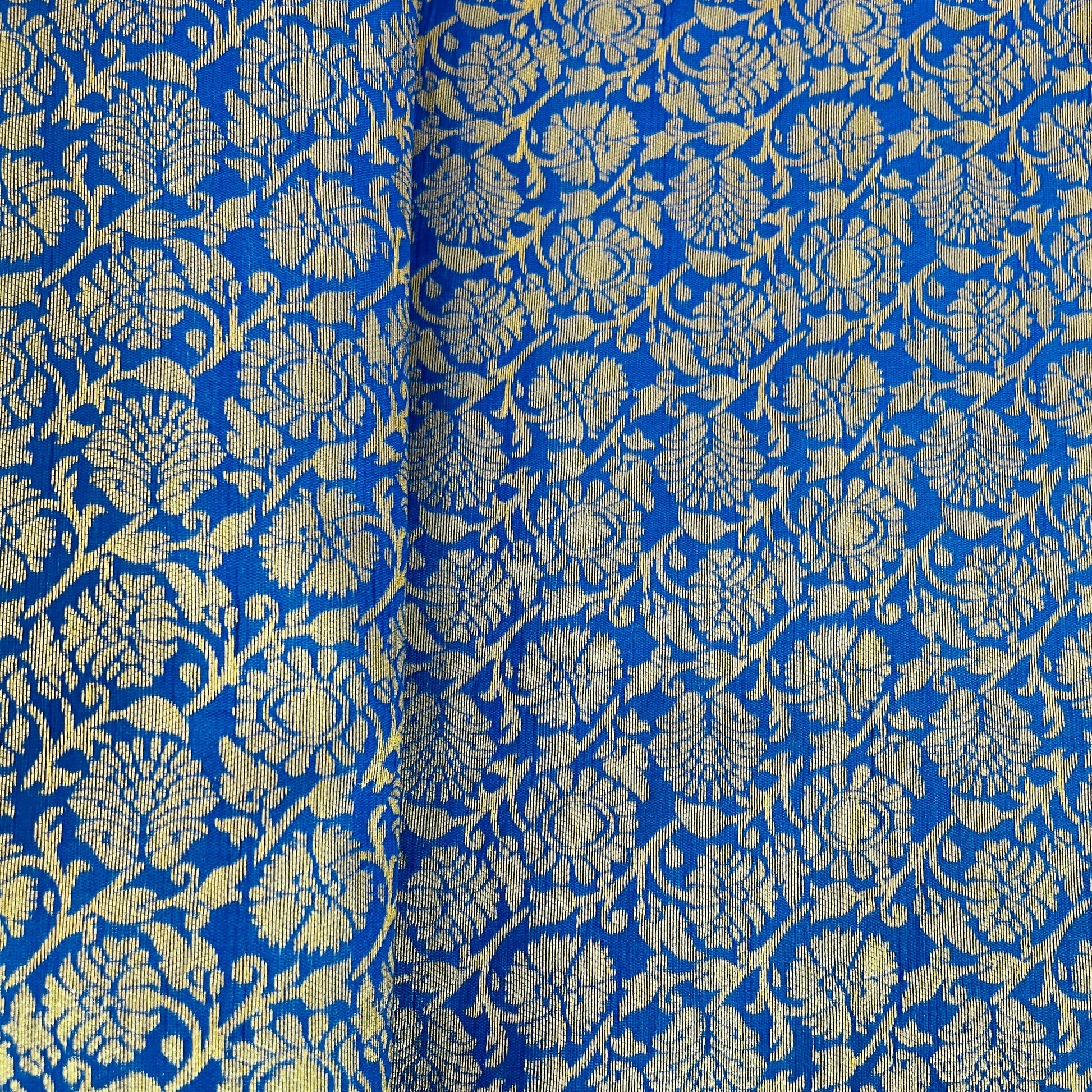 Blue Floral With Gold Foil Brocade Fabric - TradeUNO