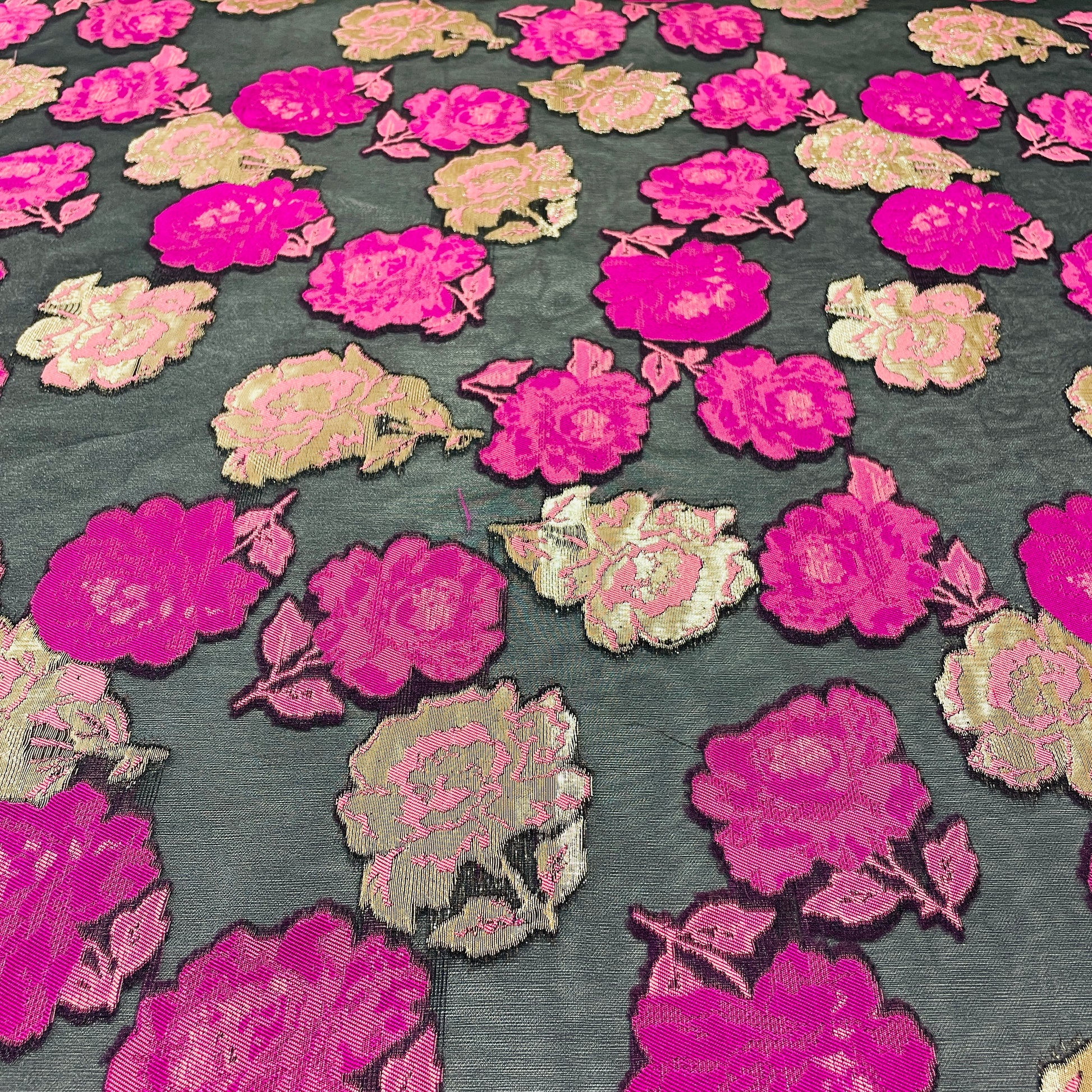 Black & Pink Floral With Foil Organza Jacquard Fabric - TradeUNO