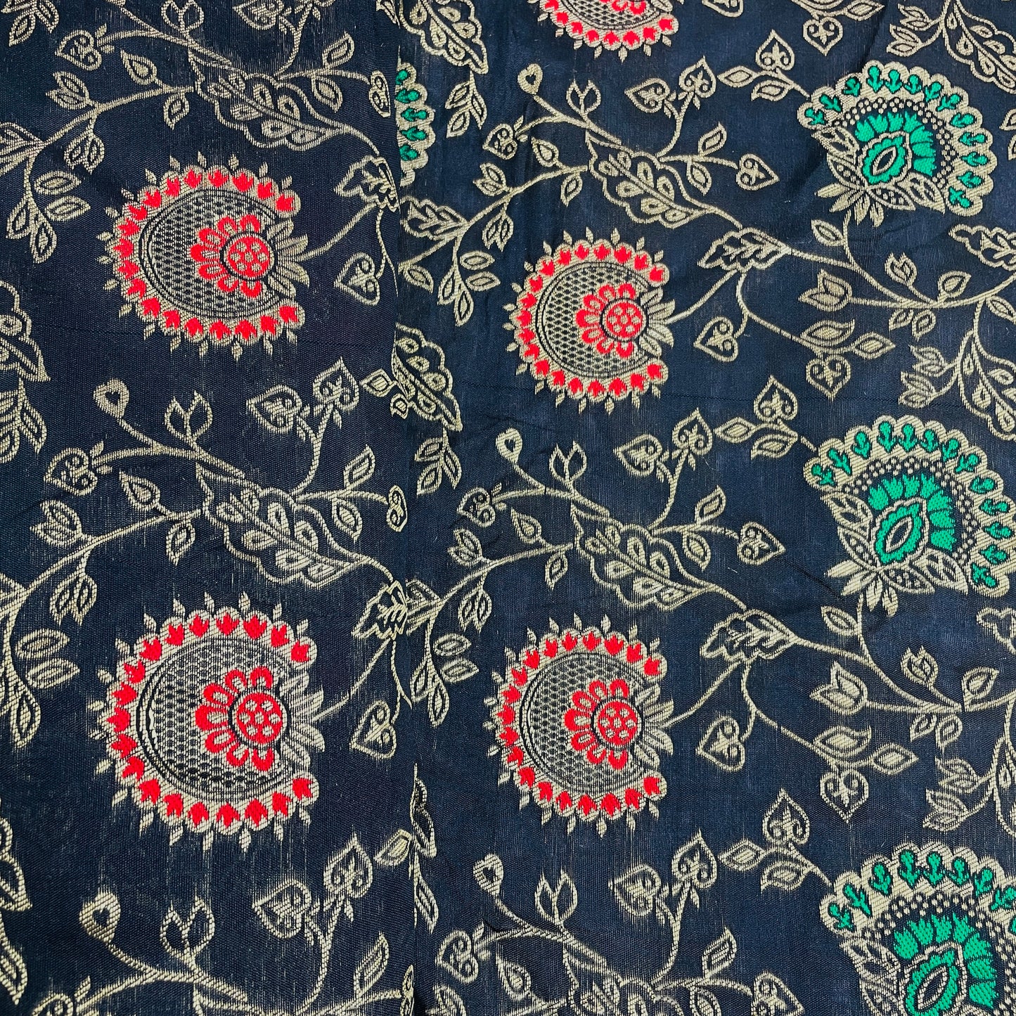 Black & Multicolor Floral Thread Embroidery Chanderi Fabric