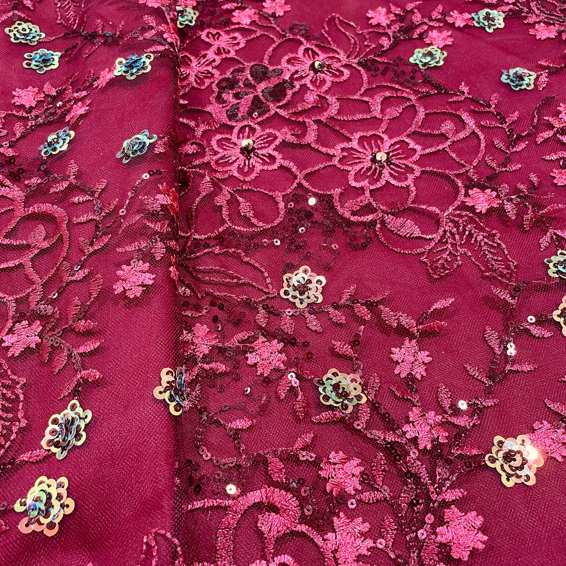 Maroon Floral Sequence Embroidery Net Fabric - TradeUNO