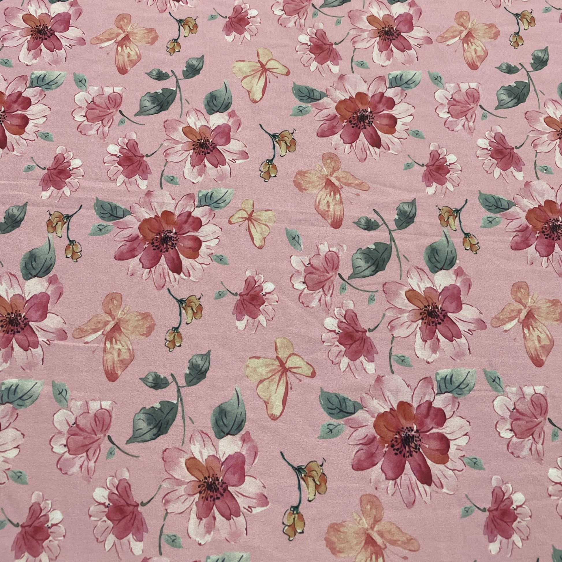 Pink & Multicolor Floral Print Geogrette Fabric - TradeUNO
