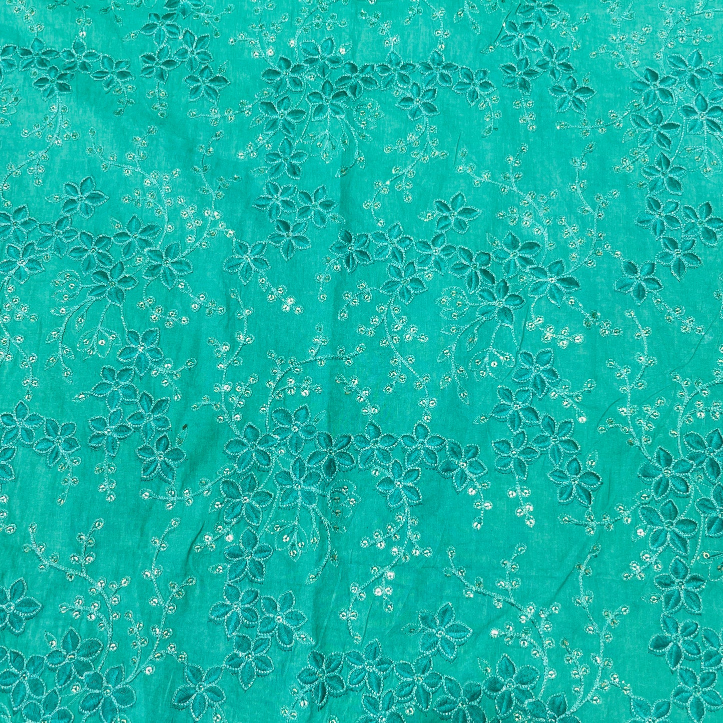 Green Floral Sequence Embroidery Cotton Fabric - TradeUNO