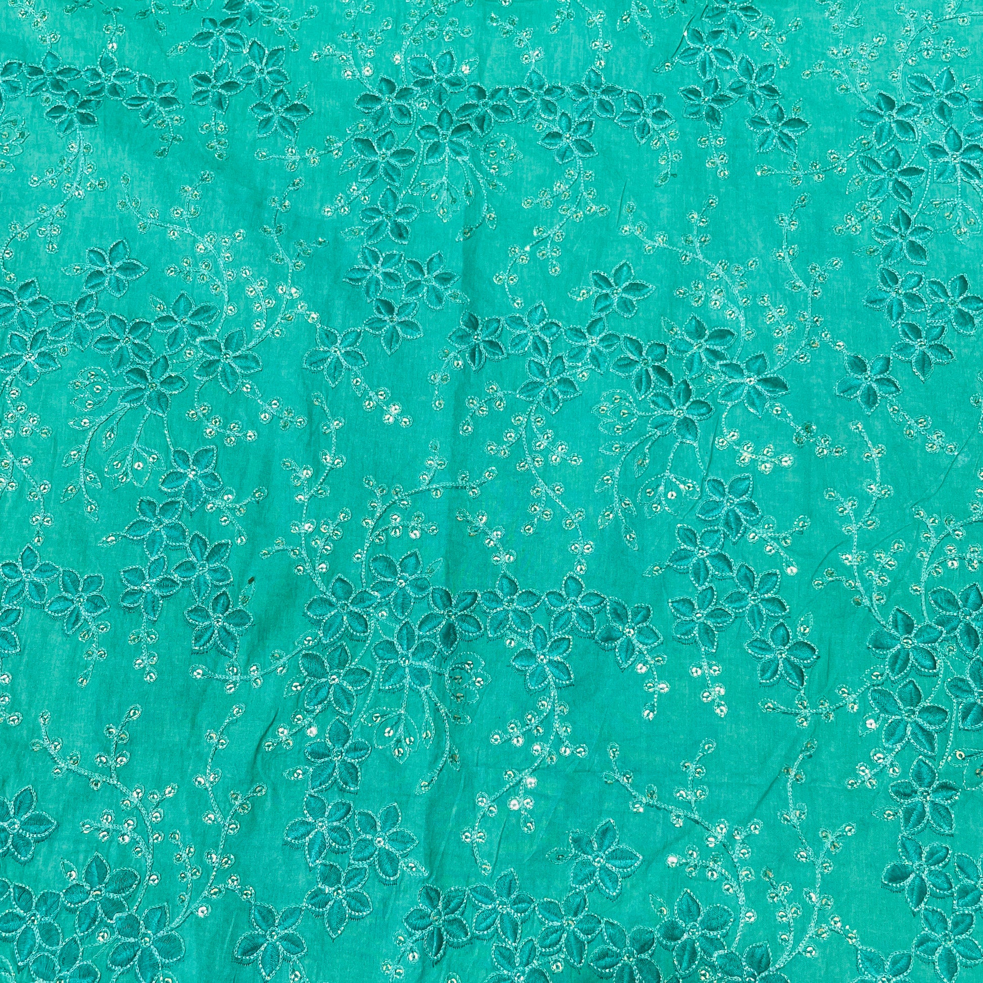 Green Floral Sequence Embroidery Cotton Fabric - TradeUNO
