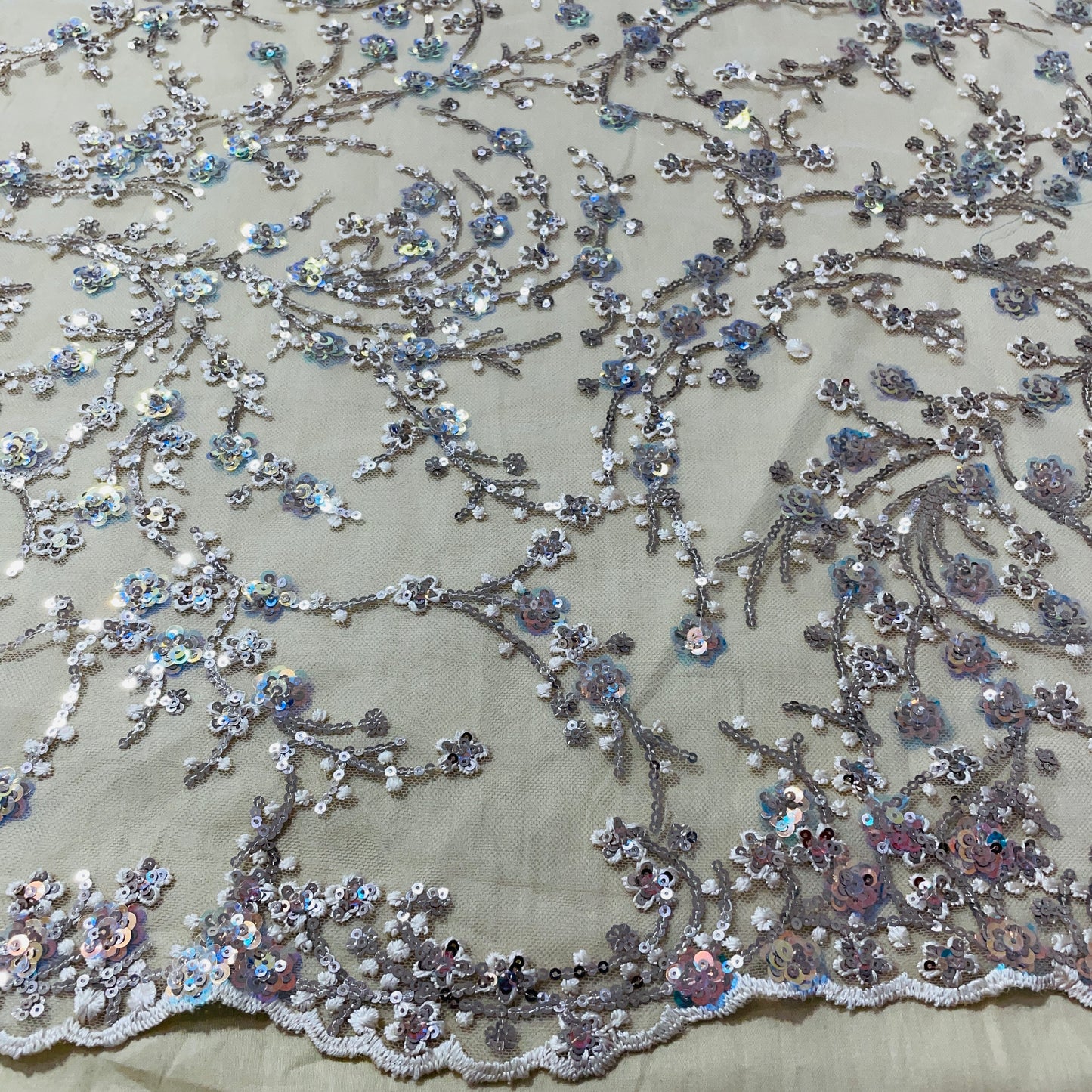 Beige Floral Sequence Embroidery Net Fabric - TradeUNO