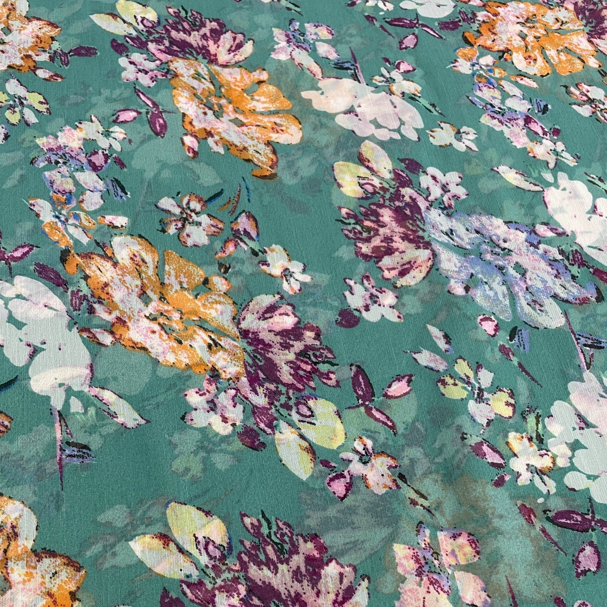Green & Multicolor Floarl Print Georgette Fabric - TradeUNO