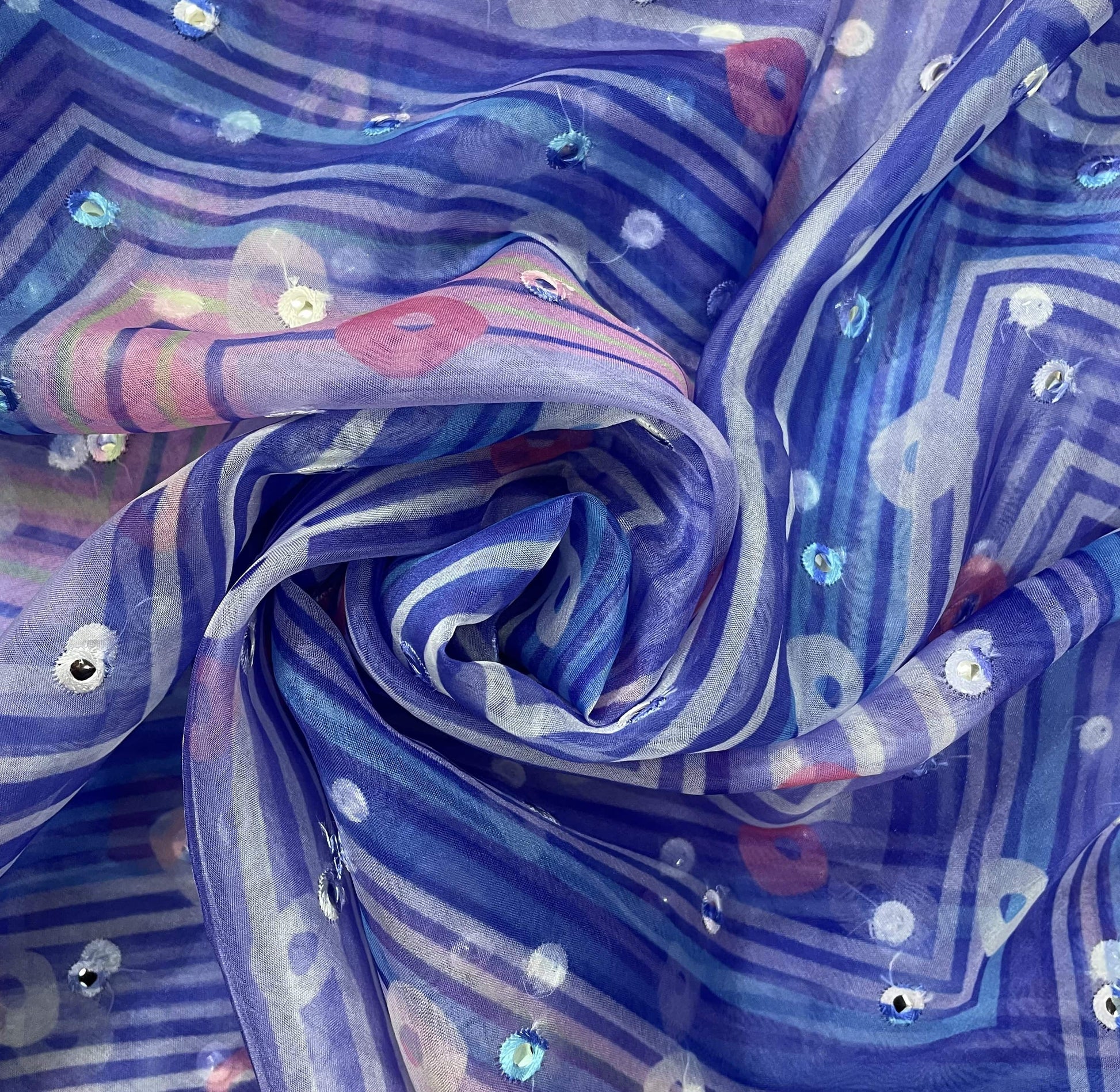 Blue With Multicolor Bandhani Embroidery Organza Fabric