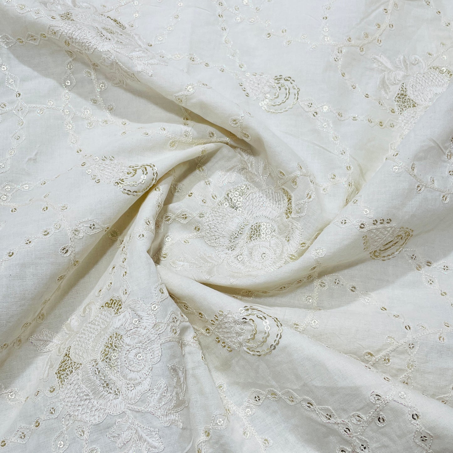 Off White Floral Sequence Embroidery Dyeable Cotton Fabric - TradeUNO