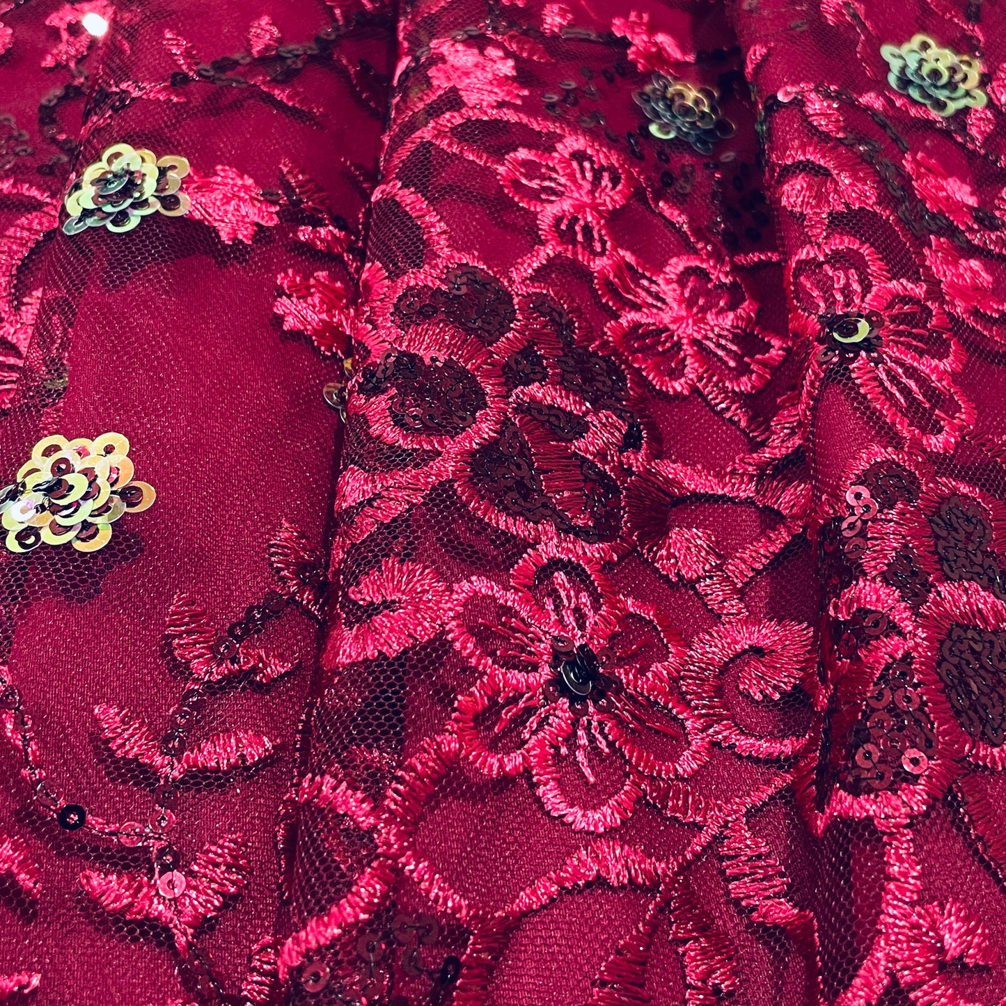 Maroon Floral Sequence Embroidery Net Fabric - TradeUNO