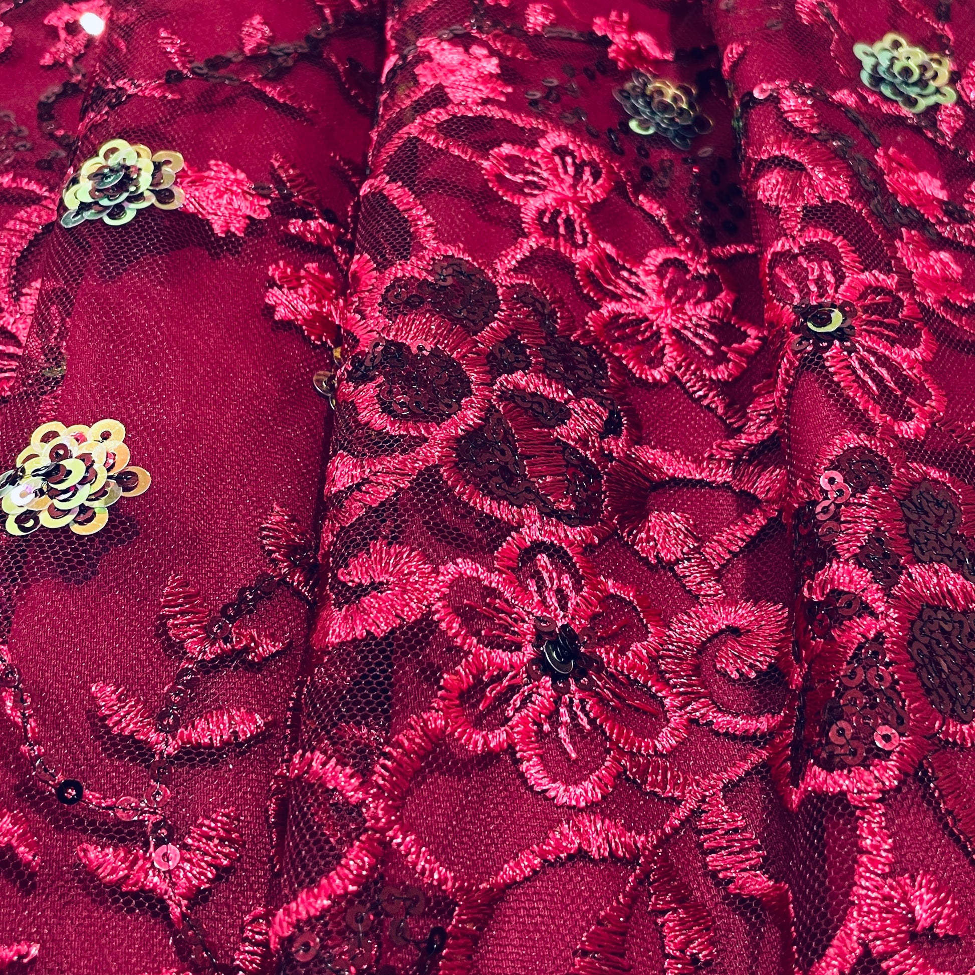 Maroon Floral Sequence Embroidery Net Fabric - TradeUNO