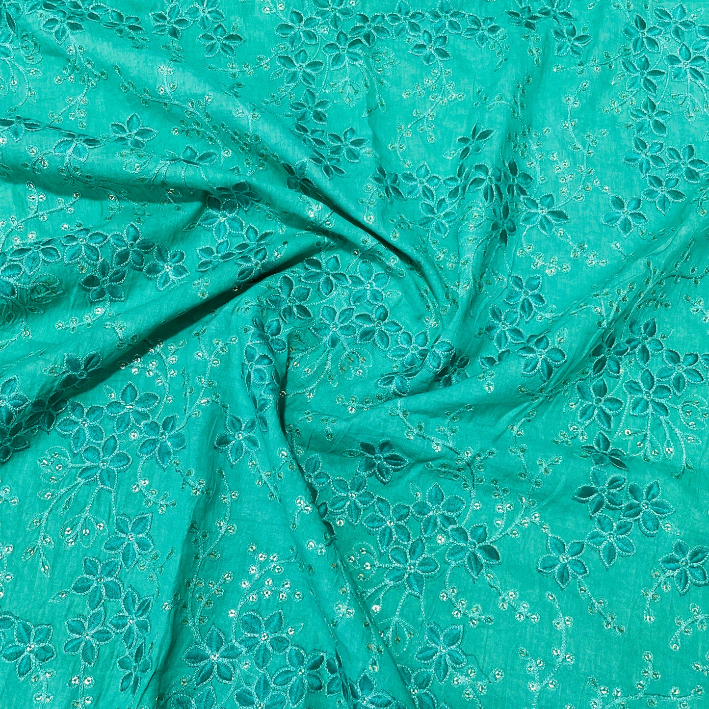 Green Floral Sequence Embroidery Cotton Fabric - TradeUNO