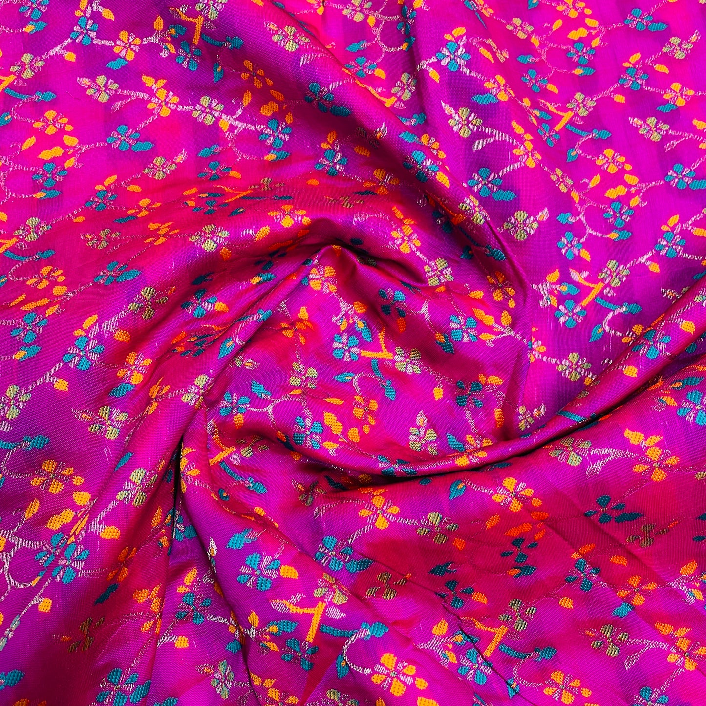 Pink & Multicolor Floral Foil Chanderi Jacquard Fabric