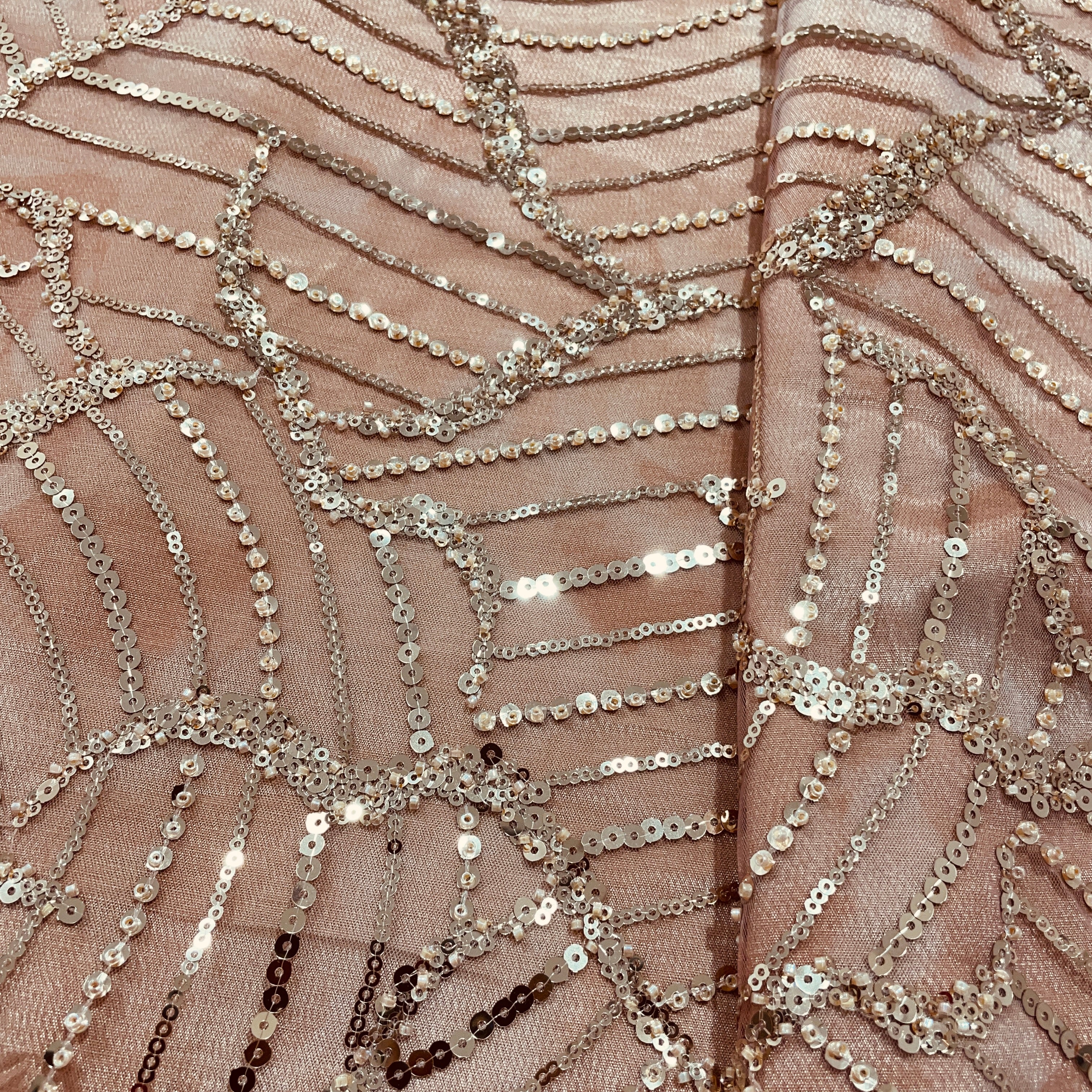 Peach Beads & Sequence Embroidery Net Imported Fabric - TradeUNO