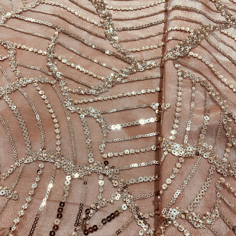 Peach Beads & Sequence Embroidery Net Imported Fabric - TradeUNO