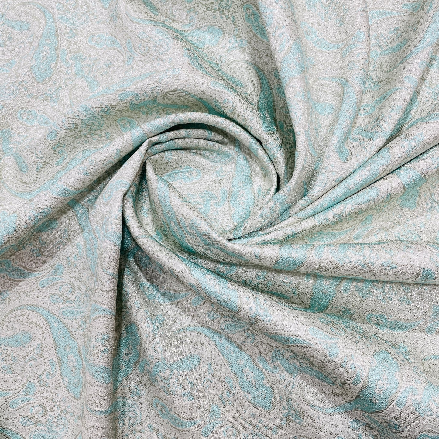 Off White & Sea Blue Paisley Brocade Jacquard Fabric - TradeUNO