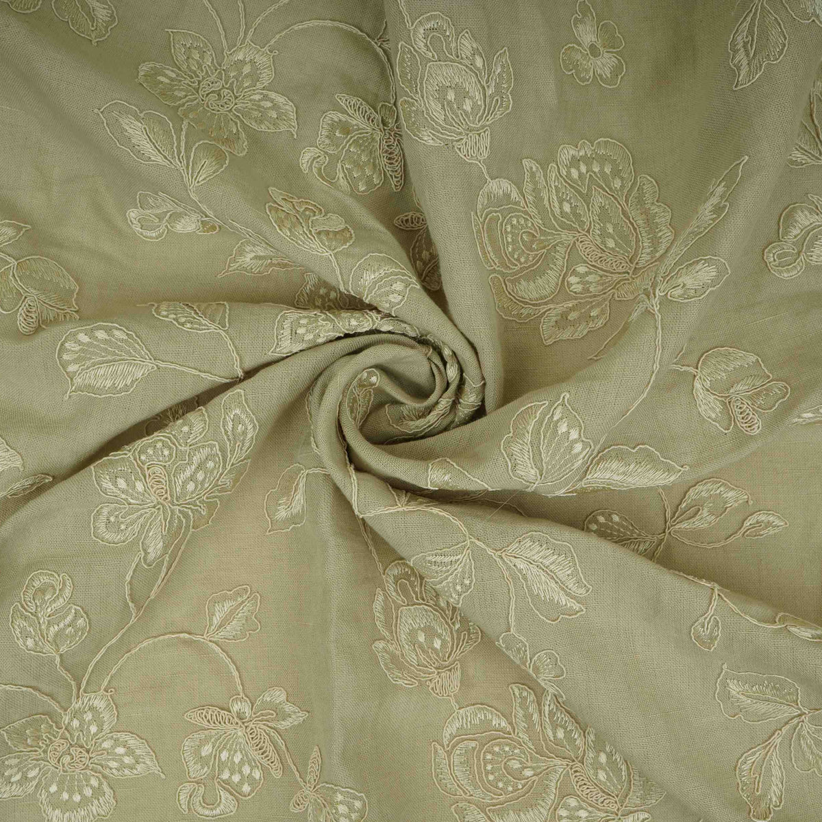 Light Grey floral embroidery Pure Linen Fabric GPF-32065 - TradeUNO