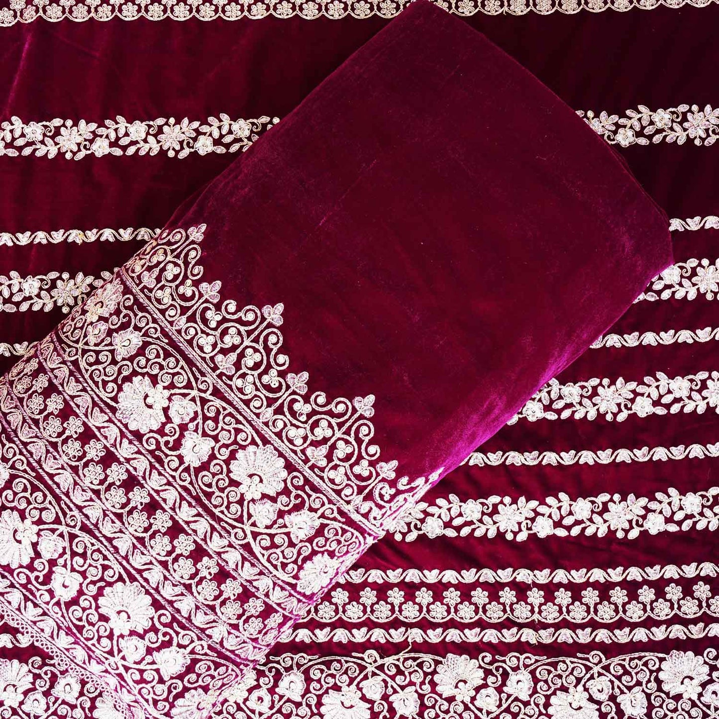 Magenta Pink Zari Sequnis embroidery Velvet Fabric JD-28599