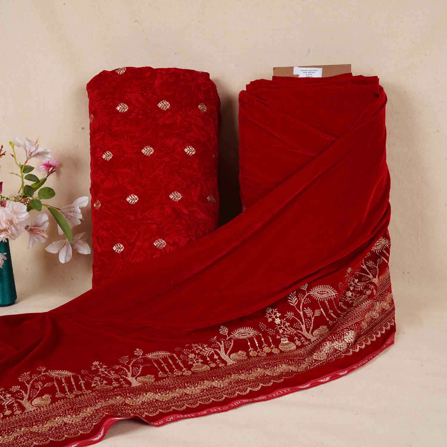 Red Floral Cutdana Crushed Velvet Fabric SC-28257 - TradeUNO