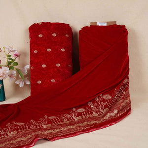 Red Floral Cutdana Crushed Velvet Fabric SC-28257 - TradeUNO