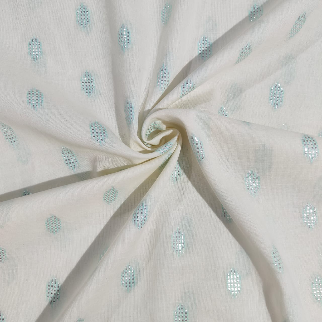 Off White & Green Geometrical With Lurex Cotton Fabric 12029