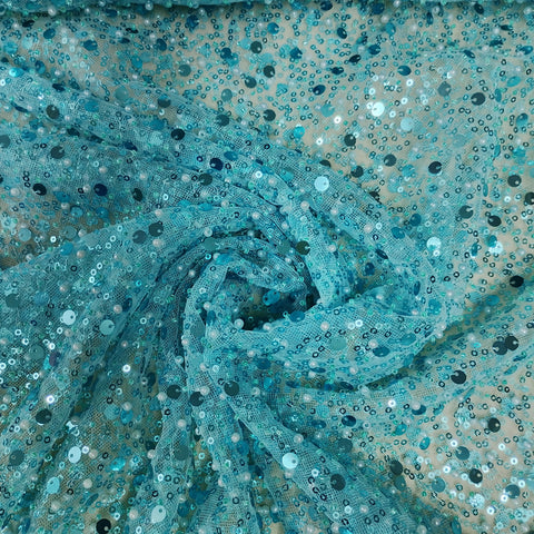Blue Handwork Bead Imported Floral Sequence Embroidery Net Fabric 9005