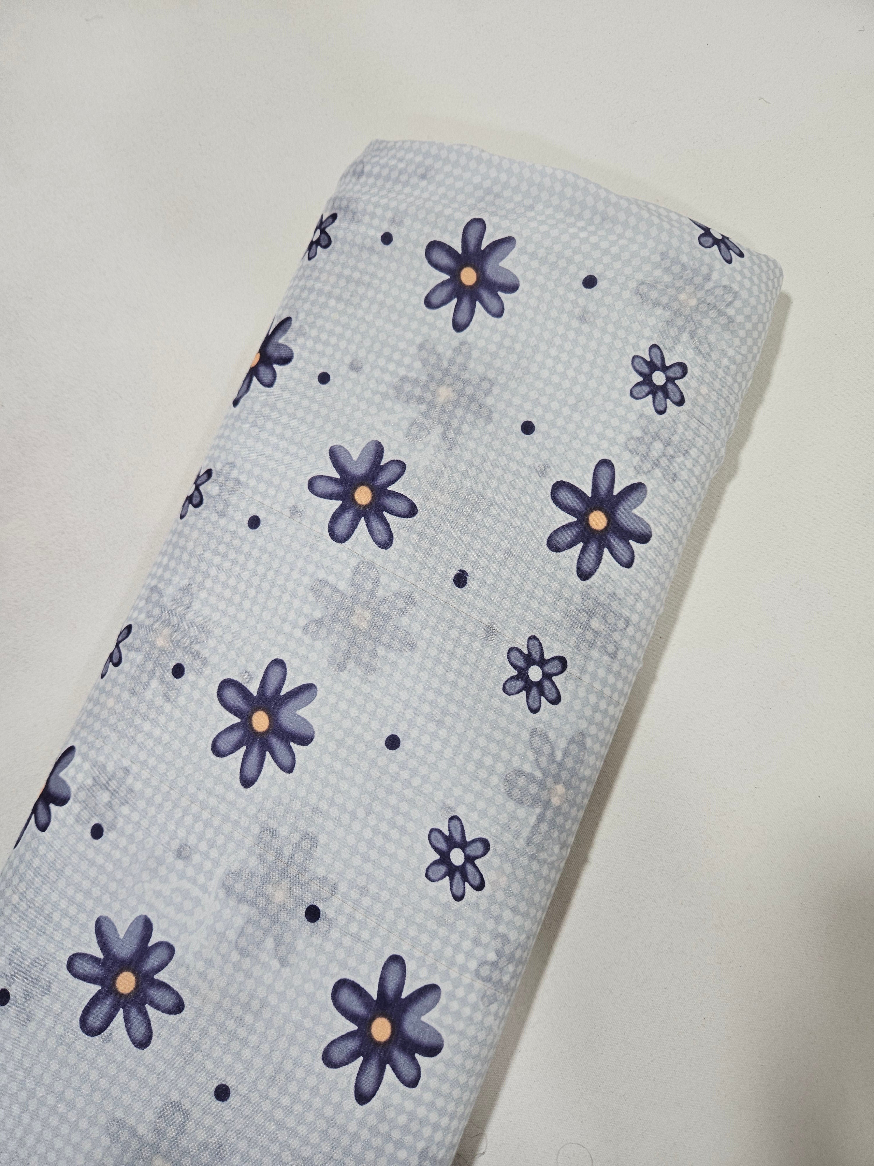 White & Blue Stripe With Floral Print Rayon Fabric 5760