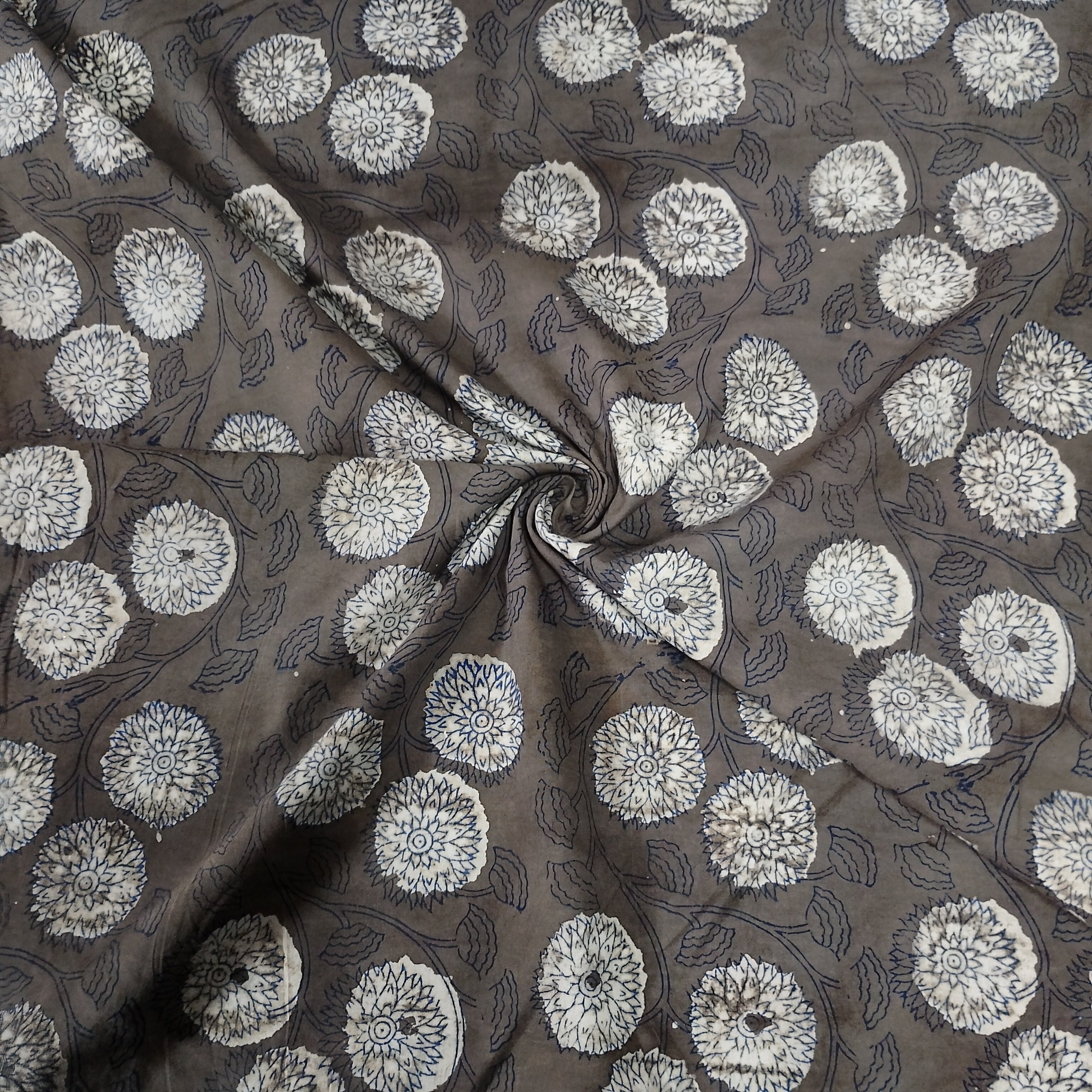 Dark Brown Floral Block Print Cotton Fabric CH-29768 - TradeUNO