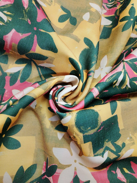 Yellow & Green Floral Print Cotton Satin Fabric - TradeUNO