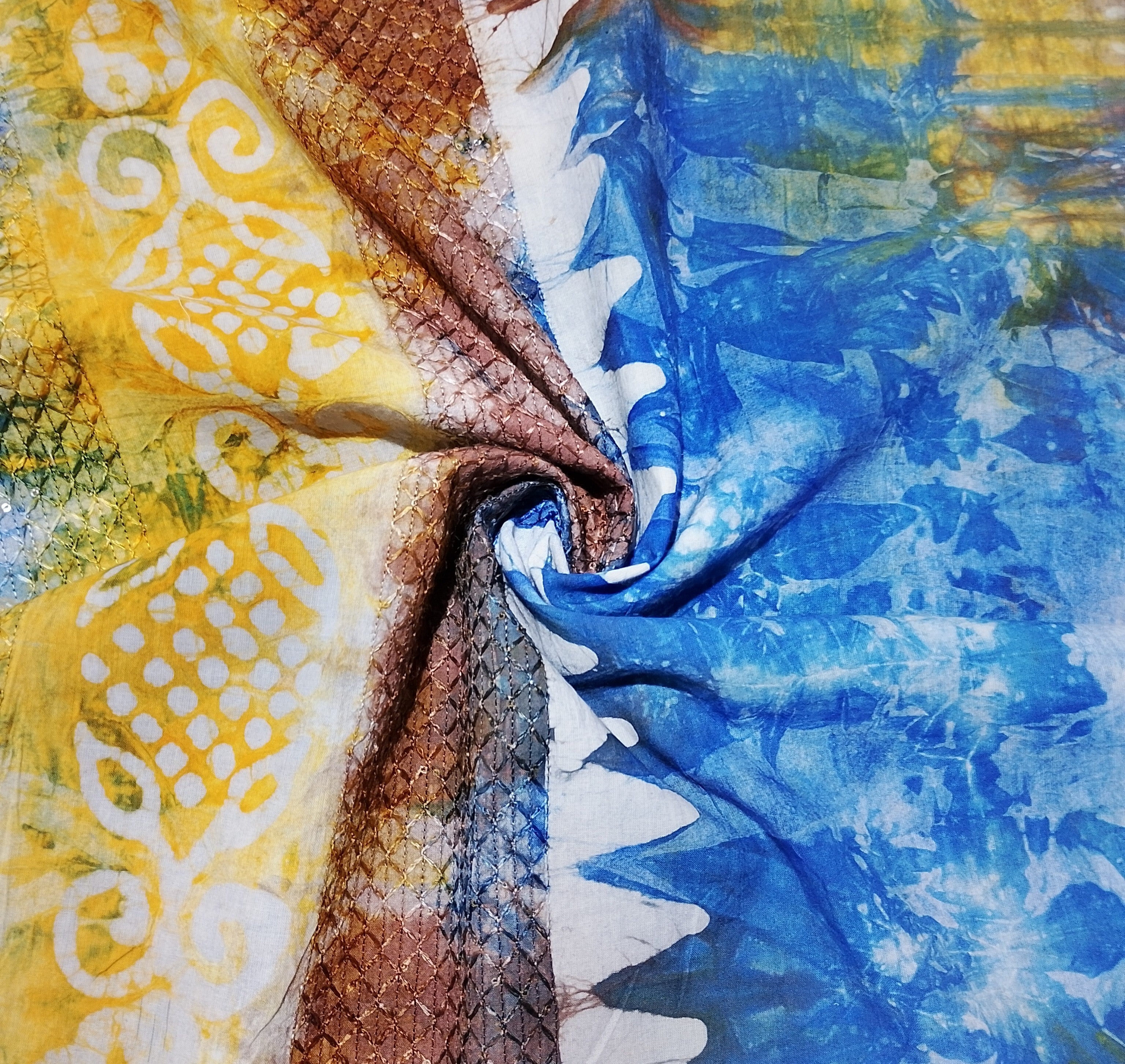 Blue Batik Print Sequence Embroidery Cotton Fabric - TradeUNO