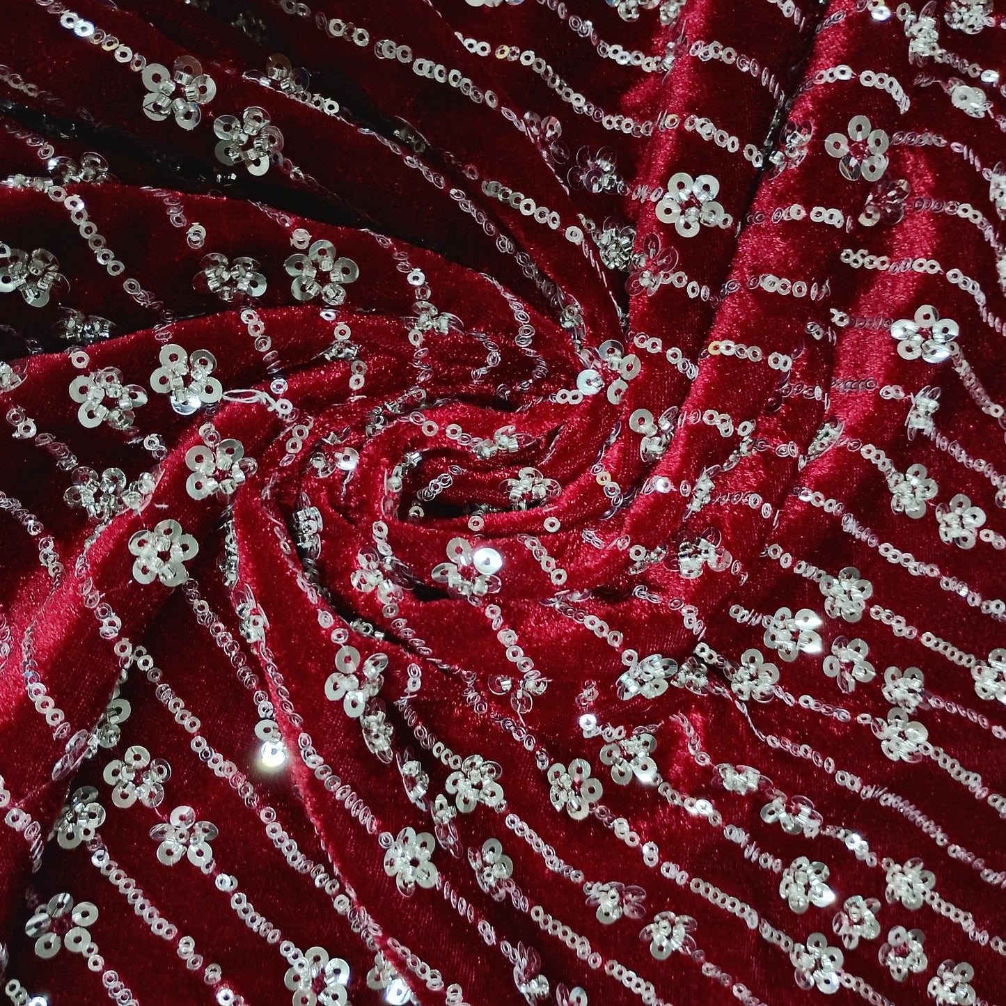 Red Cutdana Embroidery Velvet Fabric 20886