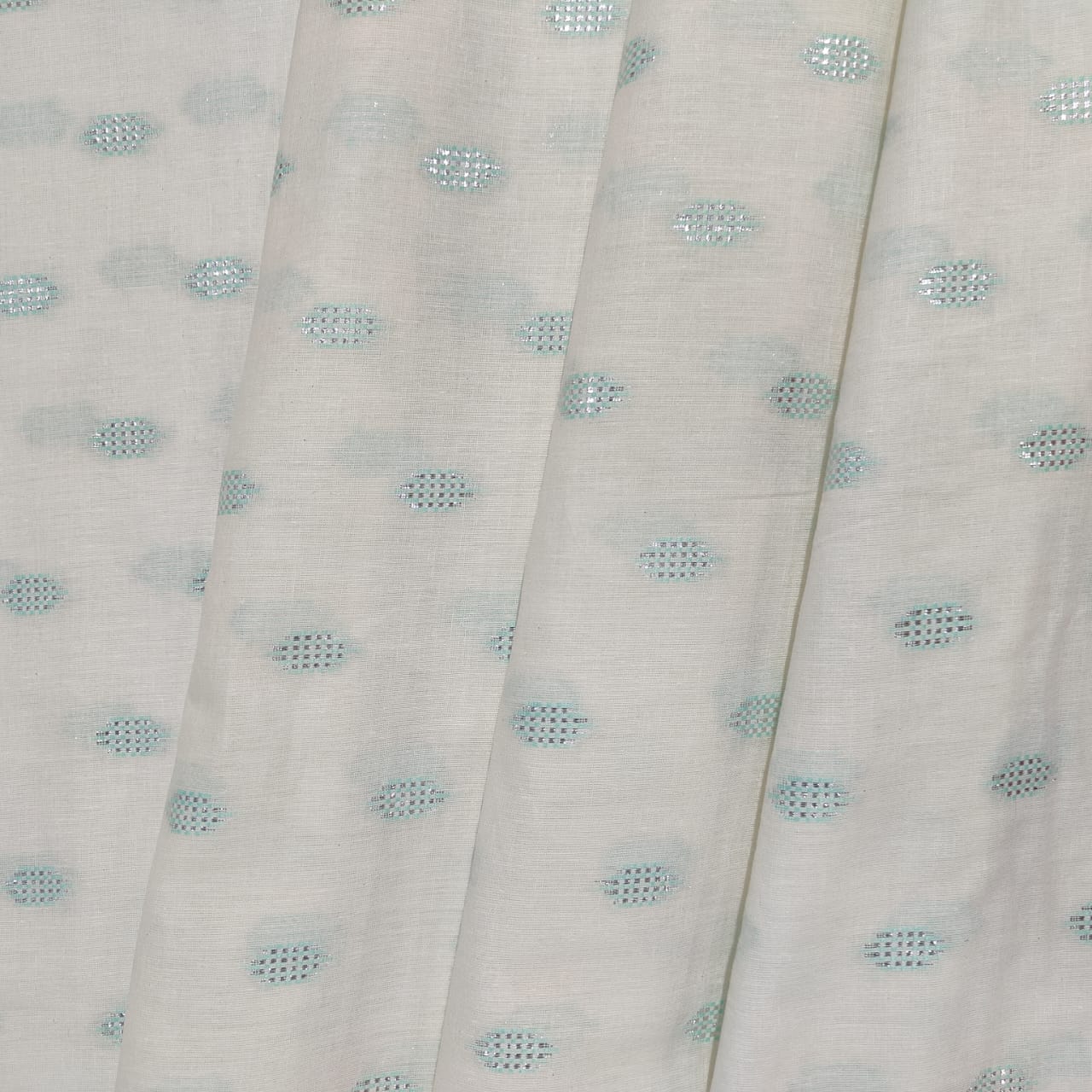 Off White & Green Geometrical With Lurex Cotton Fabric 12029