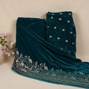 Teal Green Border Work Cutdana Velvet 9000 Fabric SC-28253 - TradeUNO