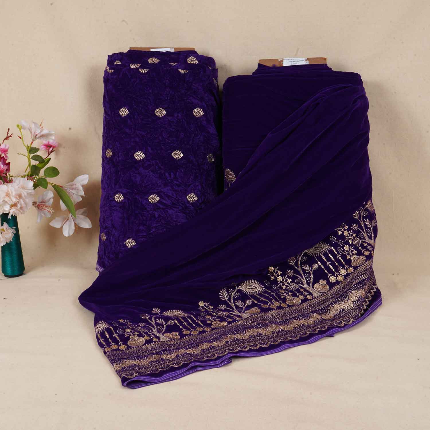 Royal Blue Border Work Cutdana Velvet 9000 Fabric SC-28250 - TradeUNO