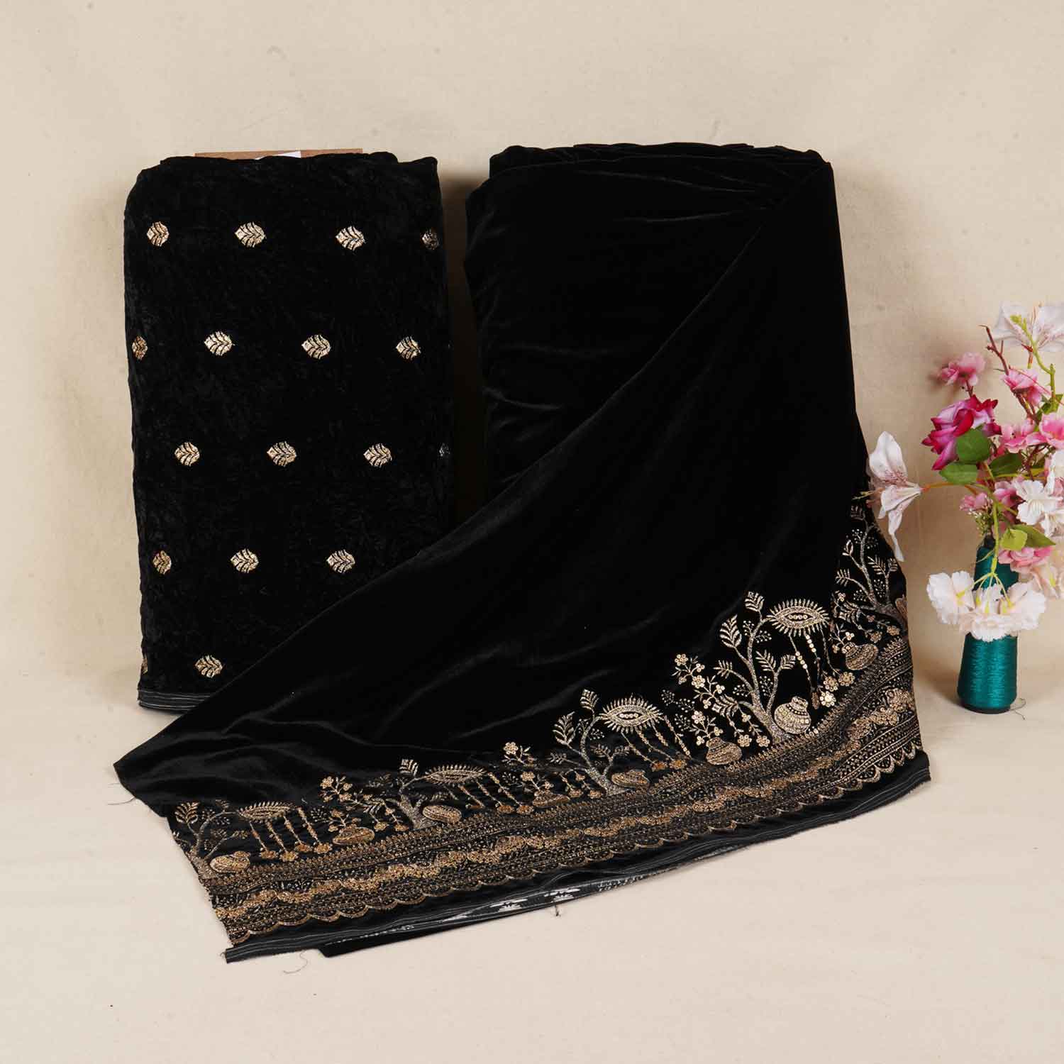 Black Border Work Cutdana Velvet 9000 Fabric SC-28252 - TradeUNO